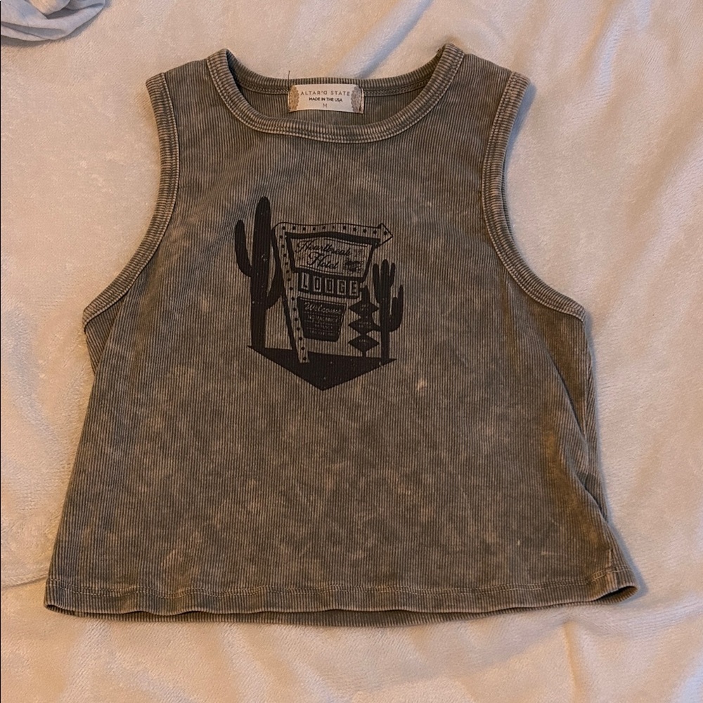 Altar'd State Gray Sleeveless Crop Top with Cactus Design